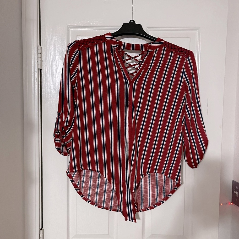 Almost Famous, size L, red button up, striped, knitted upper back.